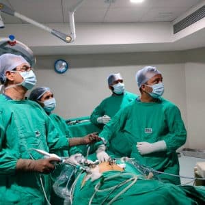 Laparoscopic surgery training session with medical team observing