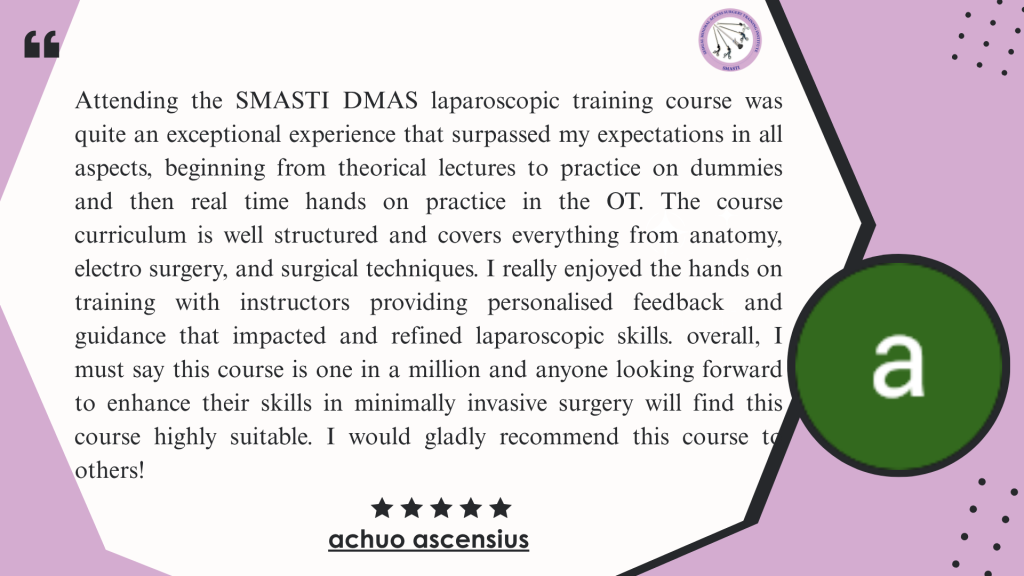 Laparoscopic surgery trainee giving positive testimonial after course